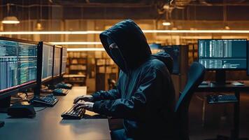 Animation A hooded hacker sits at multiple computer screens, typing lines of code in a dark, high-tech environment. This gripping digital scene highlights the world of cybercrime and modern internet video