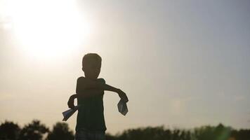 Kid Playing With Flying Paper Plane. Cute boy throwing a paper airplane into the sky in grass video