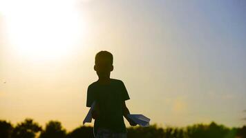 Kid Hand Taking Plane. Kid hand taking playing paper plane in the grass near factory video