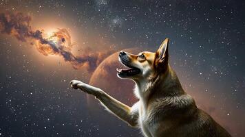 uma brincalhão cachorro olhares fixos com maravilha às uma distante galáxia, Está pata estendido para a estrelas dentro uma cena do cósmico curiosidade e aventura. video