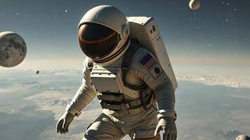 Animation A lone astronaut travels across a vast, barren landscape on a newly discovered planet, looking up at a familiar sight a large, Earth-like moon hanging in an alien sky. video