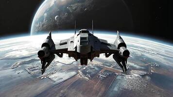 Animated A sleek spaceship descends into Earth's atmosphere, its destination a bustling cityscape with a vast spaceport, hinting at a future where interstellar travel will be commonplace. video