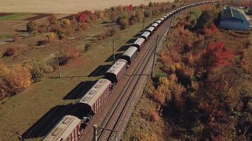 freight train with wagons is passing by rail near landings with trees on the background of fields in warm weather. Aerial view video