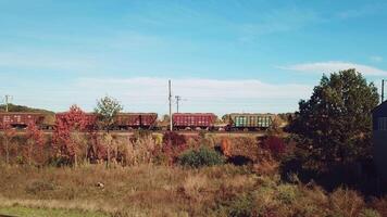 carriages of freight train are passing by rail in the field on the background of buildings of countryside in the summer. video