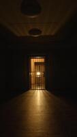 A dimly lit corridor features an open door casting shadows, enhancing the eerie ambiance video