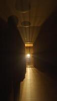 An Illuminated Corridor with a Doorway and Metal Bars, creating an intriguing atmosphere video