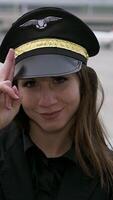 A Female Pilot Dressed in Uniform with a Stylish Cap Ready for Takeoff and Adventure video