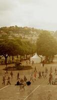 A serene public square is beautifully captured under a gentle overcast sky backdrop video