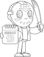 Outlined Cute Jason Murderer Cartoon Character Showing Calendar Friday The 13Th And Holding A Bloody Machete vector