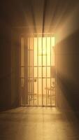 A beautiful light is shining through the cold and metal prison bars, creating a contrast video