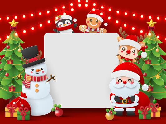 Christmas Greetings, the warm and festive mood with Santa, the snowman, penguin, gingerbread man, and reindeer around a space for holiday messages.