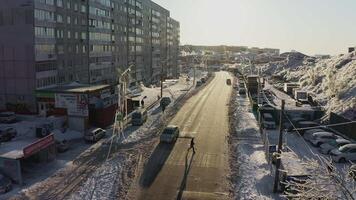 The consequences of freezing rain on the streets, captured from a drone video