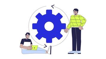 Digital marketing strategy 2D animation. Problem solving cogwheel 4K motion graphic. Business marketers with process gear cog animated characters cartoon flat concept, white background video
