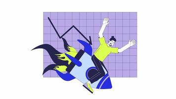 Digital marketing fail 2D animation. Worst online marketing campaign failure 4K motion graphic. Caucasian man falling down on rocket animated character cartoon flat concept, white background video