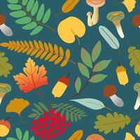 fall seamless pattern with plants and mushrooms vector