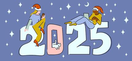 new year banner with number 2025 with people and cat vector