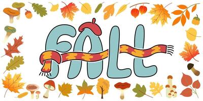horizontal fall frame banner with scarf and hat vector