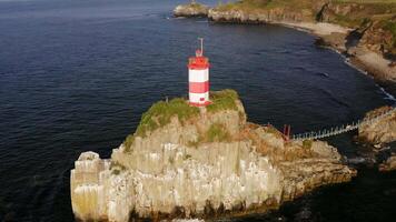 Drone view of the picturesque old Basargin lighthouse on the coast of the sea video