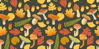 fall seamless pattern with leaf and mushrooms on dark background vector