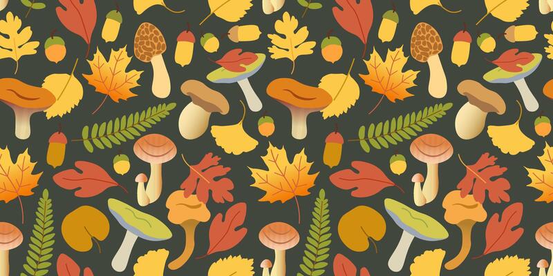 fall seamless pattern with leaf and mushrooms on dark background