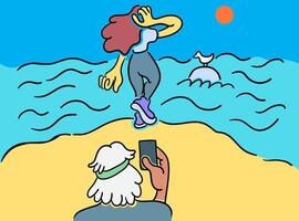 characters making a photo on the sea side in doodle style vector