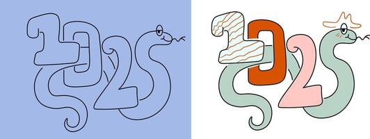 new year banner with number 2025 with snake. line and color version vector