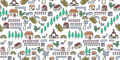 seamless pattern with village map objects in doodle style vector