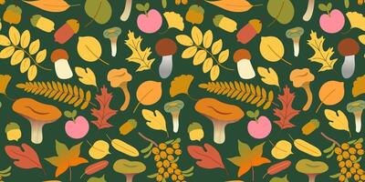 fall seamless pattern with foliage, apple and mushrooms on dark background vector