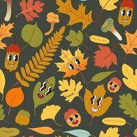 fall seamless pattern with foliage and acorn characters vector