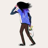 character back view walking with plastic bag in doodle style vector