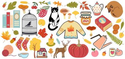 big fall elements set with cat and bird in cage vector