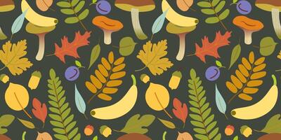 fall seamless pattern with foliage and fruits on black background vector