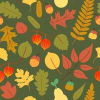 fall seamless pattern with leaf, pear and physalis vector