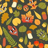 fall seamless pattern with foliage and acorn characters on dark background vector