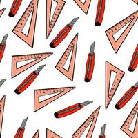 seamless pattern with paper knife and triangle ruler in doodle style vector
