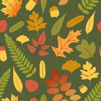 fall seamless pattern with leaf on dark green background vector