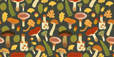 fall seamless pattern with foliage and mushrooms on dark background vector