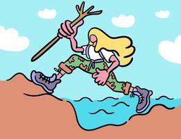 character in hiking with stick in doodle vector