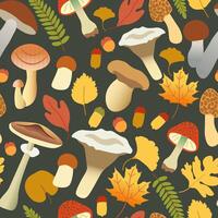 fall seamless pattern with acorn and mushrooms on dark background vector
