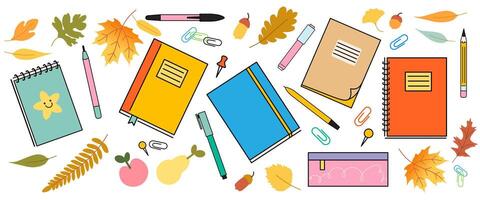 notebooks and stationery set with fall leaf vector