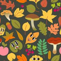 fall seamless pattern with mushrooms, foliage and acorn characters vector