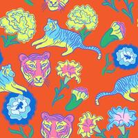 seamless pattern with carnation flowers and tigers on red vector