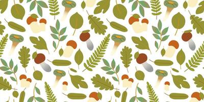 fall seamless pattern with foliage and mushrooms on white background vector