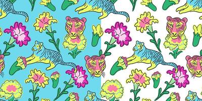 seamless pattern with carnation flowers and tigers on two backgrounds vector