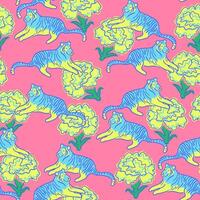 seamless pattern with carnation flowers and tiger on pink backgrounds vector