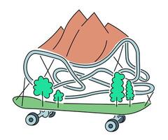 concept illustration of mountains on skateboard in doodle style vector