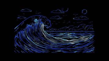 Neon frame effect, Surfing Wave A stylized wave symbol on black background video