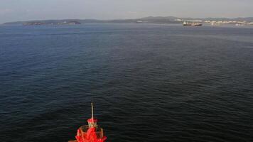Drone view of the picturesque old Basargin lighthouse on the coast of the sea video