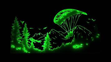 Neon frame effect, Paragliding A parachute and pilot silhouette on black background video