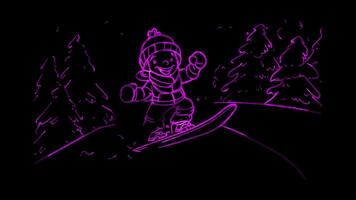 Neon frame effect, Ski A long board used for skiing on black background video